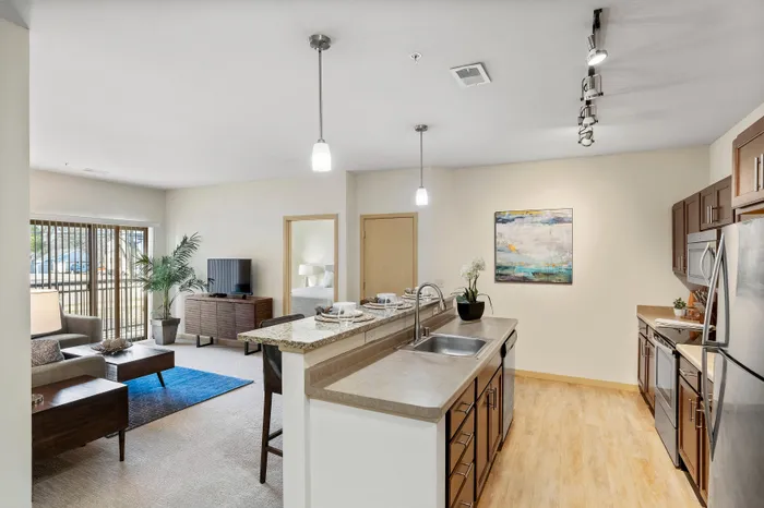 Kitchen at The Woodlands at North Hills featuring functional layouts and ample cabinet space.