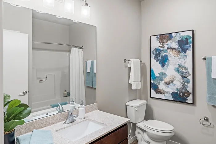 Bathroom at High Bluff Townhomes in Grafton, Wisconsin with modern fixtures and finishes.