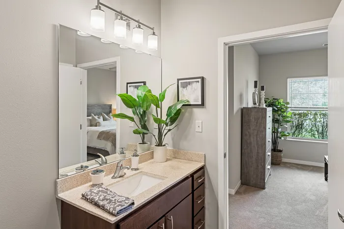 Bathroom at High Bluff Townhomes in Grafton, Wisconsin with modern fixtures and finishes.
