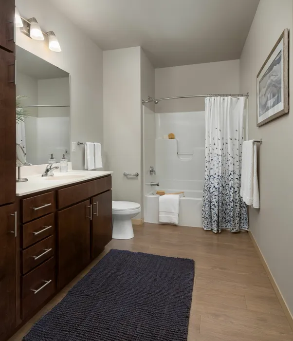Bathroom with updated fixtures, clean design, and practical storage space.