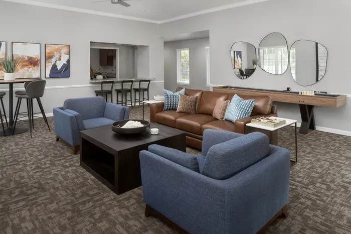 Clubroom at Manchester Oaks Apartments in Franklin, Wisconsin designed for social events and resident activities.