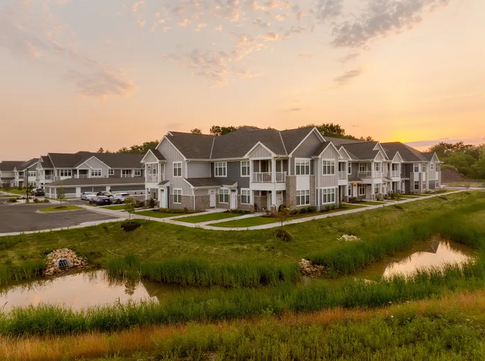 Aerial view of Seasons at Grafton Apartments in Grafton, Wisconsin highlighting the community layout and surrounding neighborhood.