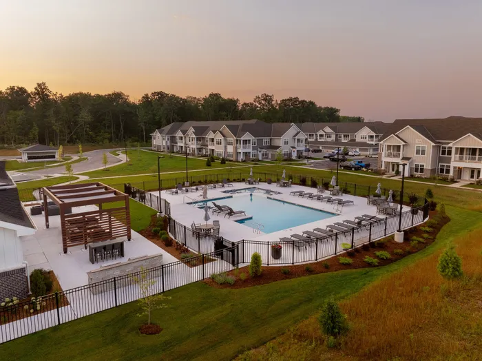 Aerial view of Seasons at Grafton Apartments in Grafton, Wisconsin highlighting the community layout and surrounding neighborhood.