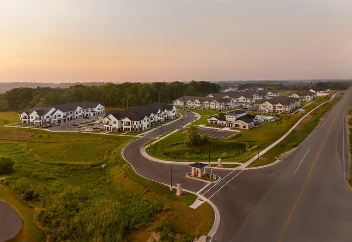 Aerial view of Seasons at Grafton Apartments in Grafton, Wisconsin highlighting the community layout and surrounding neighborhood.