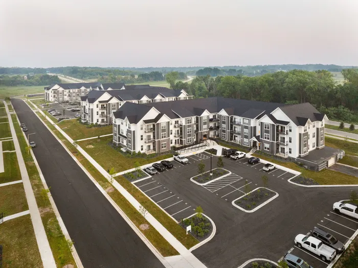 Contemporary apartment building exteriors at Apex at Verona in Verona, Wisconsin.