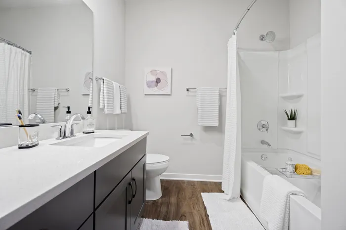 Apartment bathroom interior at Seasons at Plainfield Apartments in Plainfield, Illinois.
