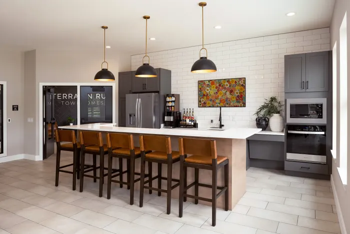 Modern clubhouse kitchen amenity at Terrapin Run apartments.