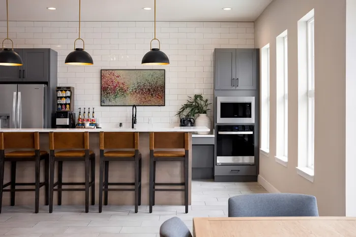 Modern clubhouse kitchen amenity at Terrapin Run apartments.