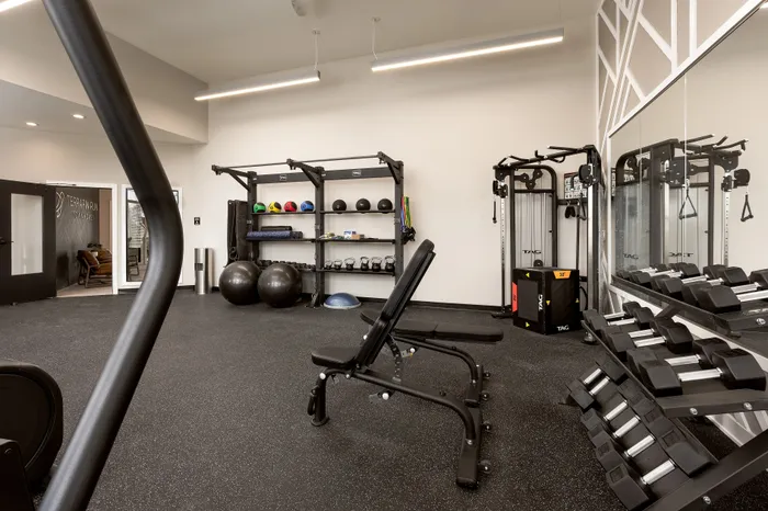 Modern fitness center with workout equipment at Terrapin Run apartments.