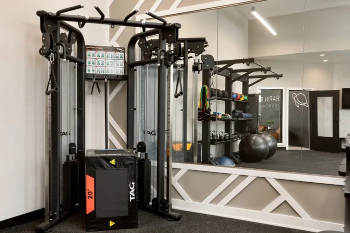 Modern fitness center with workout equipment at Terrapin Run apartments.