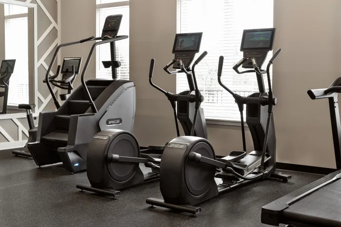 Modern fitness center with workout equipment at Terrapin Run apartments.