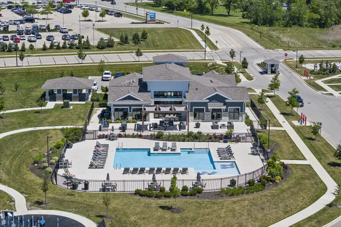 Resort-style pool and clubhouse at Season at River View Apartments in Pleasant Prairie, Wisconsin.