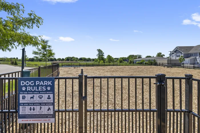 Dog park entrance at Season at River View Apartments in Pleasant Prairie, Wisconsin.