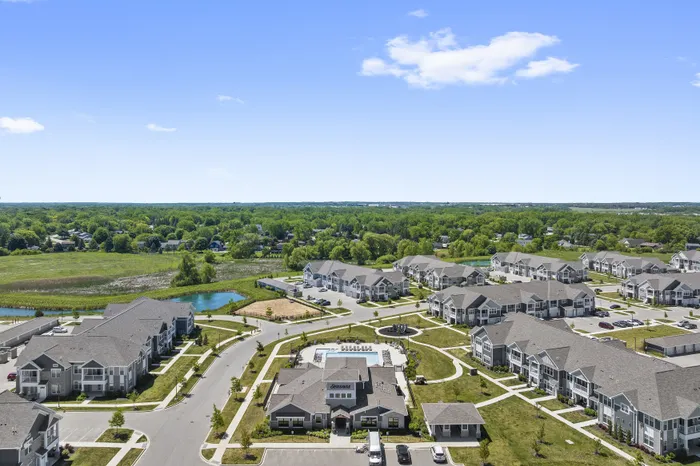 Streetscape at Seasons at River View Apartments in Pleasant Prairie, Wisconsin.