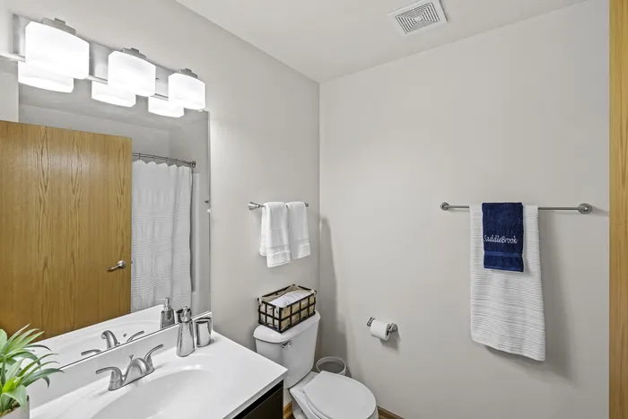 Bathroom at Saddlebrook Apartments in Pewaukee, Wisconsin with clean finishes and fixtures.