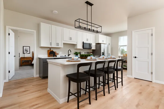 Modern kitchen with stainless steel appliances in a Terrapin Run stacked flat.