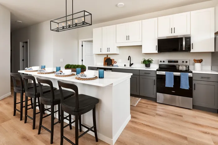 Modern kitchen with stainless steel appliances in a Terrapin Run stacked flat.