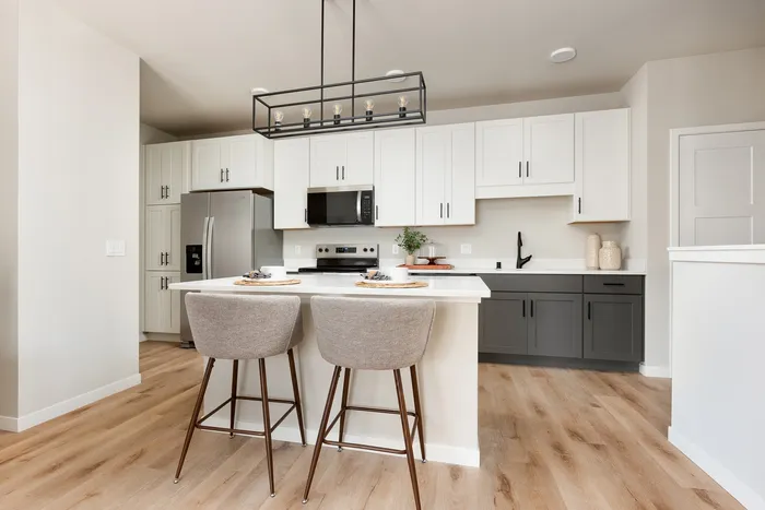 Modern kitchen with stainless steel appliances in a Terrapin Run stacked flat.