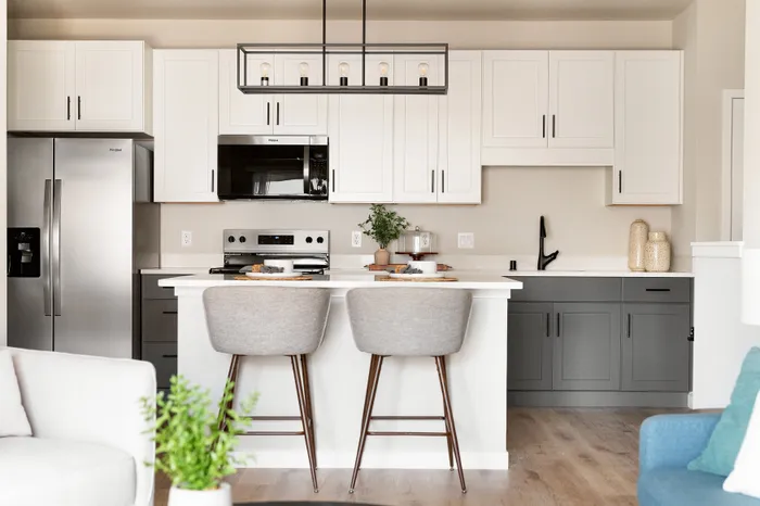 Modern kitchen with stainless steel appliances in a Terrapin Run stacked flat.