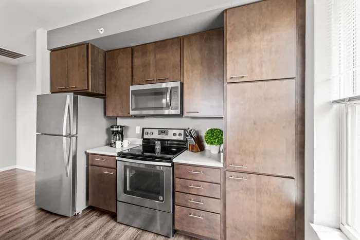 Modern kitchen with contemporary finishes at 22 Slate Apartments in Madison, Wisconsin.