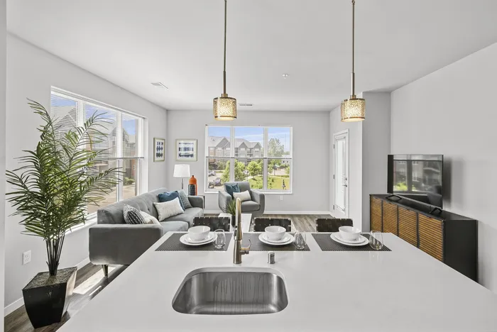 Modern kitchen with contemporary finishes at 22 Slate Apartments in Madison, Wisconsin.
