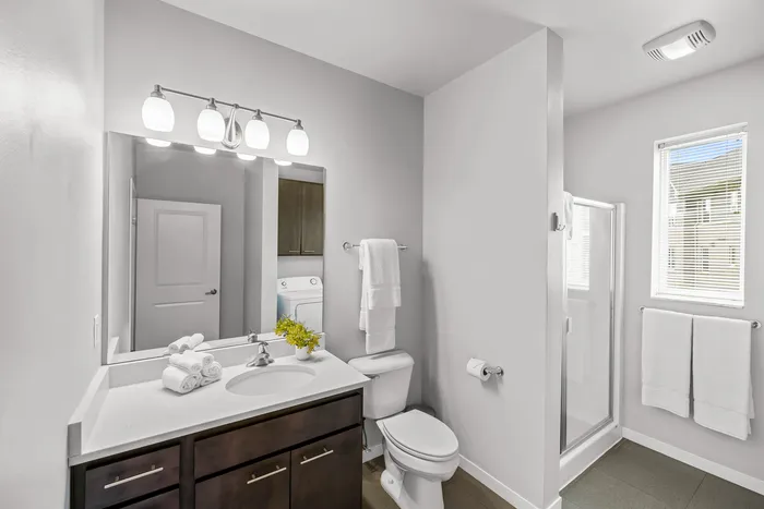 Modern bathroom with upscale finishes at 22 Slate Apartments in Madison, Wisconsin.