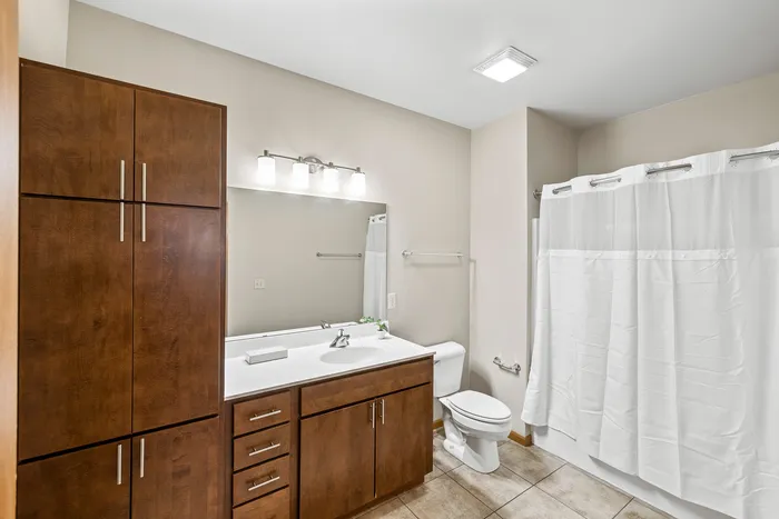 Modern bathroom with upscale finishes at 50Twenty Apartments in Madison, Wisconsin.