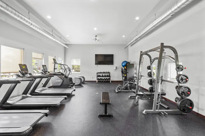 Modern and spacious fitness center at 50Twenty Apartments in Madison, Wisconsin.