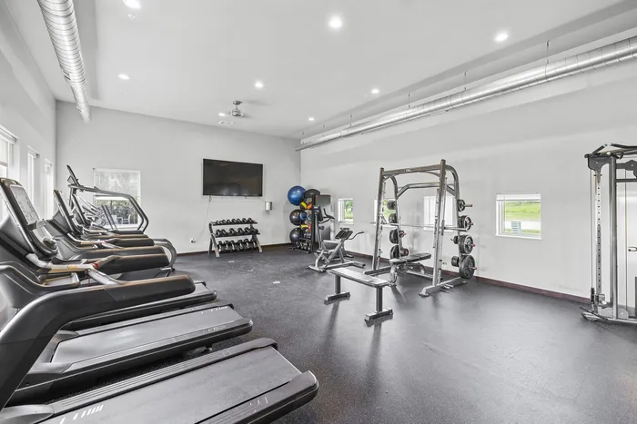 Modern and spacious fitness center at 50Twenty Apartments in Madison, Wisconsin.