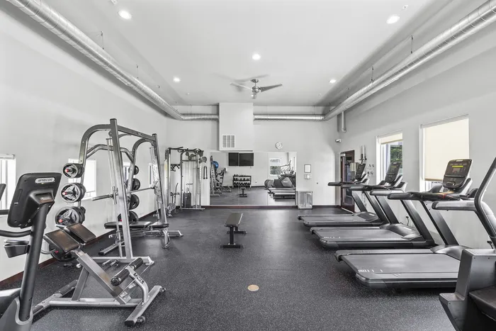 Modern and spacious fitness center at 50Twenty Apartments in Madison, Wisconsin.