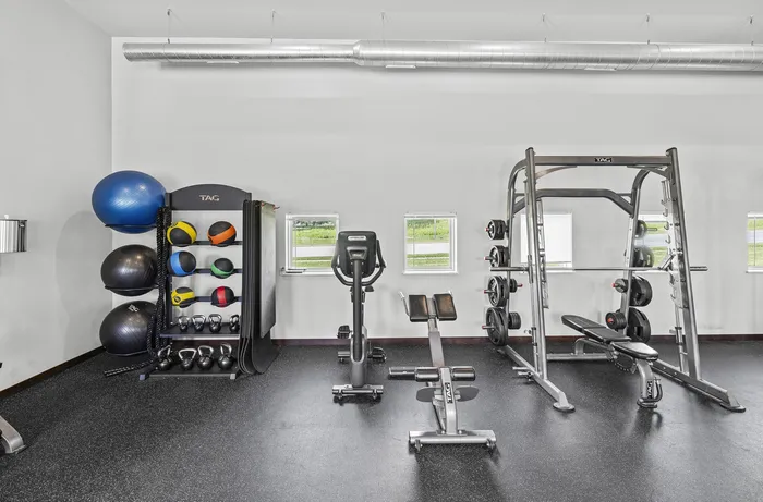 Modern and spacious fitness center at 50Twenty Apartments in Madison, Wisconsin.