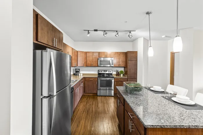 Modern kitchen with contemporary finishes at 50Twenty Apartments in Madison, Wisconsin.