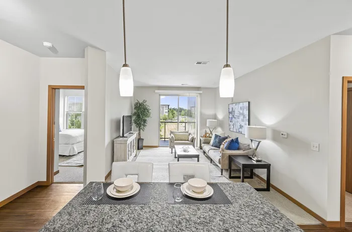 Modern kitchen with contemporary finishes at 50Twenty Apartments in Madison, Wisconsin.