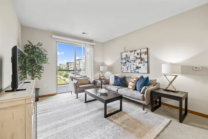Open floor plan living room at 50Twenty Apartments in Madison, Wisconsin.