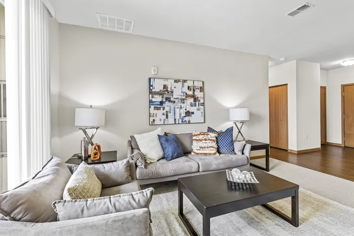 Open floor plan living room at 50Twenty Apartments in Madison, Wisconsin.