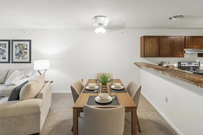 Modern dining room at Barrington Place Apartments in Madison, Wisconsin.