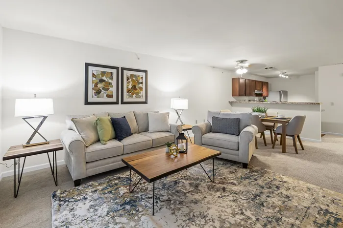Open-concept living room at Barrington Place Apartments in Madison, Wisconsin.