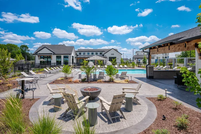 Outdoor gas fire pit with lounge seating at Echelon at Charlotte