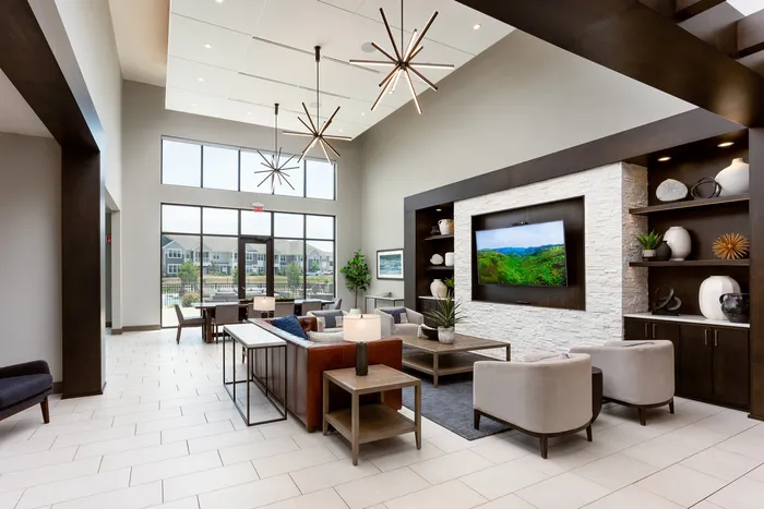 Luxury apartment clubhouse living room at Seasons at Orchard Hills in Oak Creek, Wisconsin.