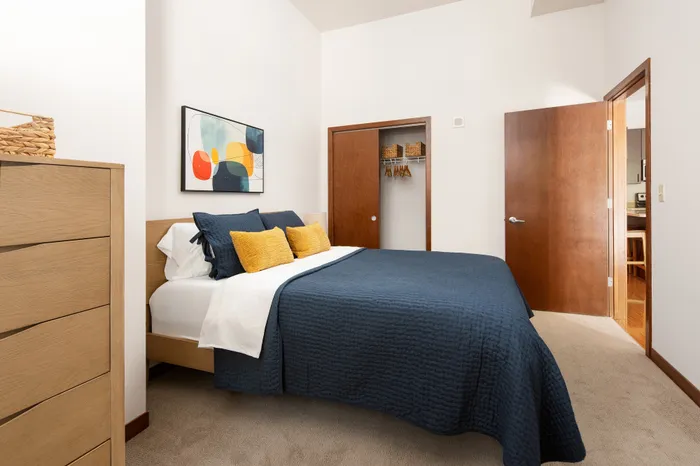 Apartment bedroom at Domain Apartments in Downtown Madison, Wisconsin.