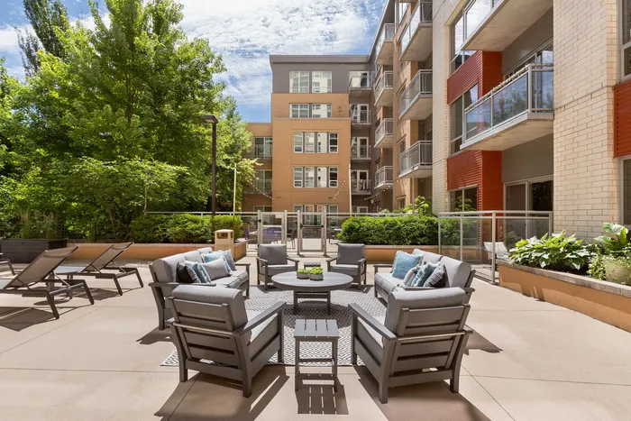 Landscaped courtyard at Domain Apartments in Downtown Madison, Wisconsin.