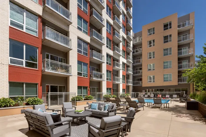 Landscaped courtyard at Domain Apartments in Downtown Madison, Wisconsin.