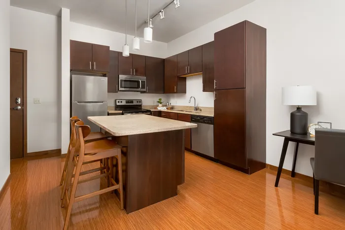 Modern apartment kitchen at Domain Apartments in Downtown Madison, Wisconsin.