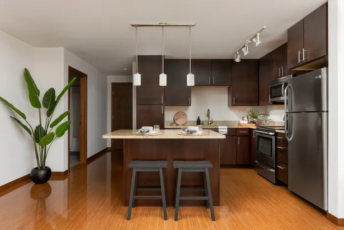 Modern apartment kitchen at Domain Apartments in Downtown Madison, Wisconsin.