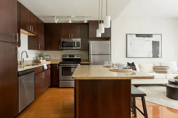 Modern apartment kitchen at Domain Apartments in Downtown Madison, Wisconsin.