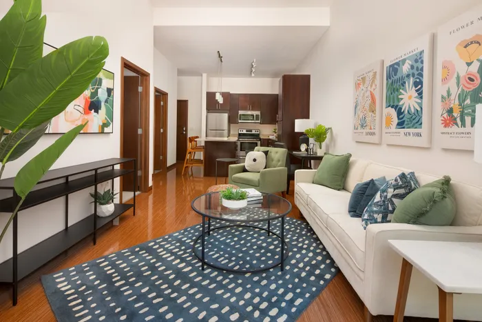 Modern apartment living room at Domain Apartments in Downtown Madison, Wisconsin.