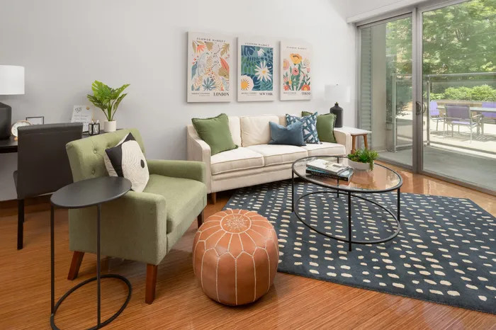 Modern apartment living room at Domain Apartments in Downtown Madison, Wisconsin.