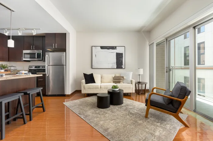 Modern apartment living room at Domain Apartments in Downtown Madison, Wisconsin.