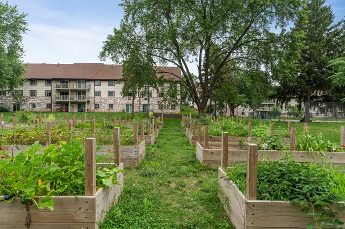 Valley View Apartments community garden with raised garden beds for residents.