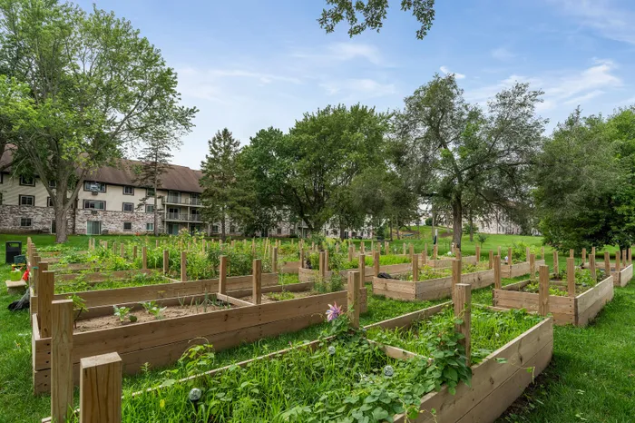 Raised garden beds in the resident community garden at Valley View Apartments.